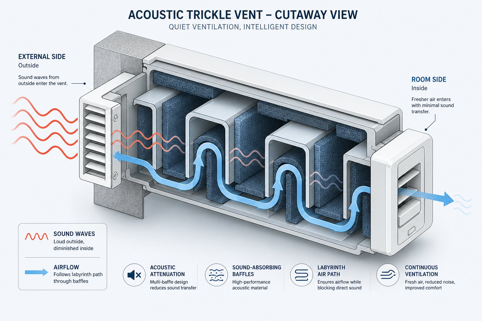 cutaway view of an acoustic trickle vent showing how internal baffles attenuate noise while allowing airflow through the labyrinth path