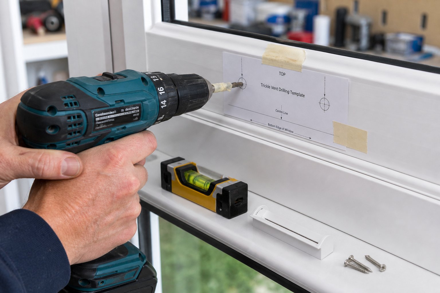 drilling through a upvc window frame head using a manufacturer's template and depth marked drill bit during trickle vent installation