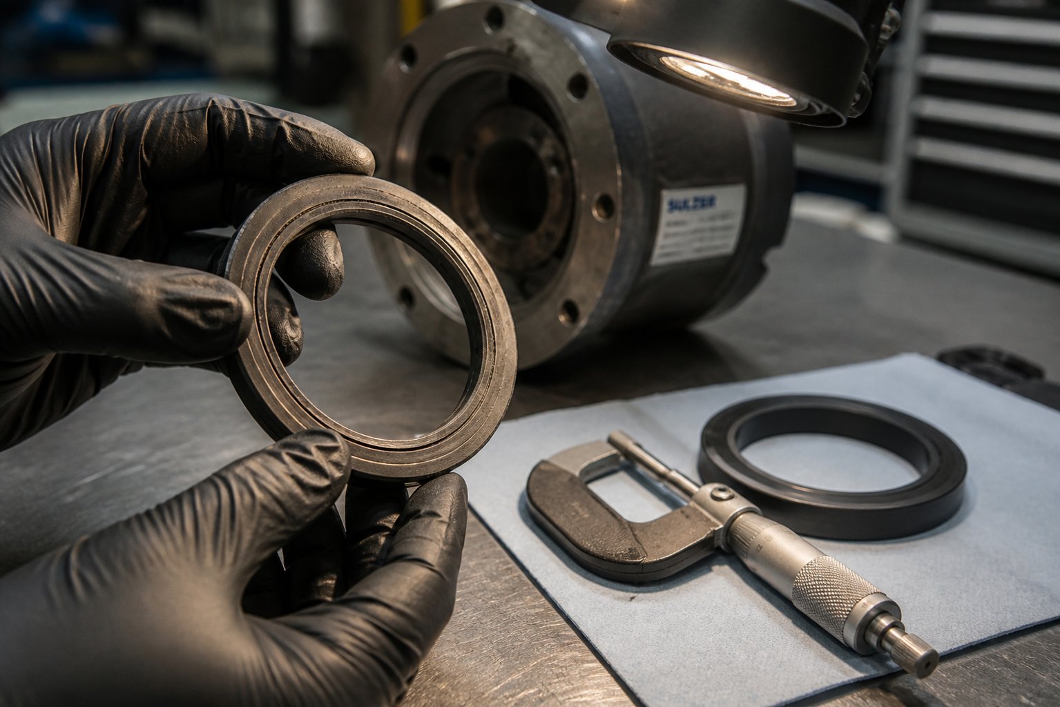 a maintenance technician inspecting a worn check ring for scoring and surface degradation during a scheduled preventive maintenance procedure