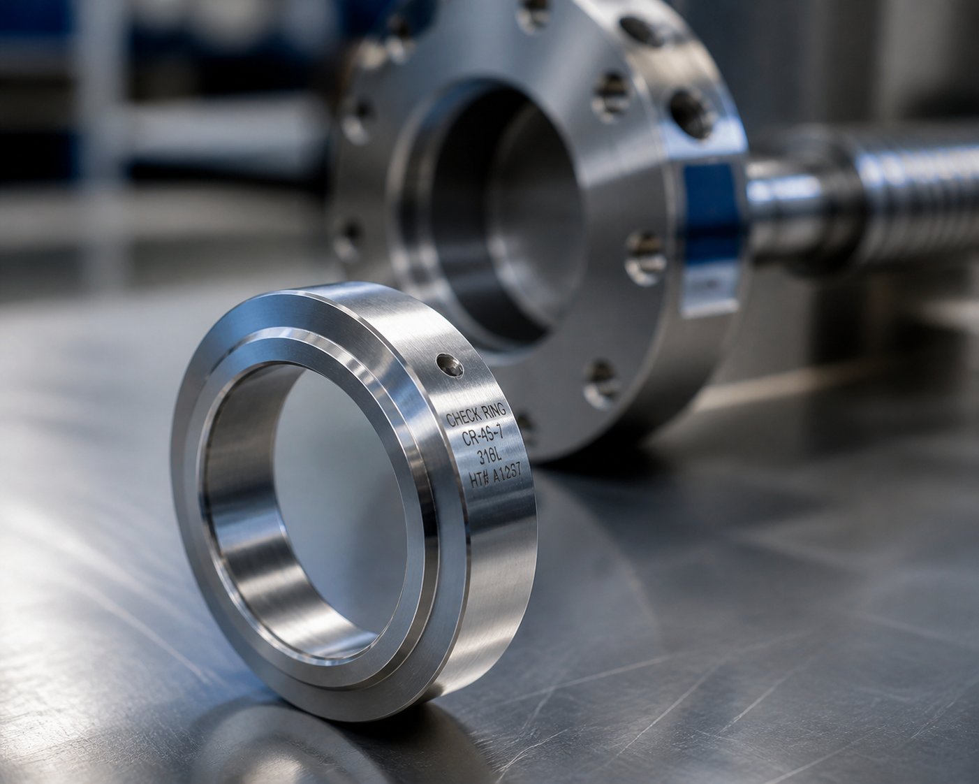a precision machined check ring used in injection molding screw assemblies to prevent molten plastic backflow during injection