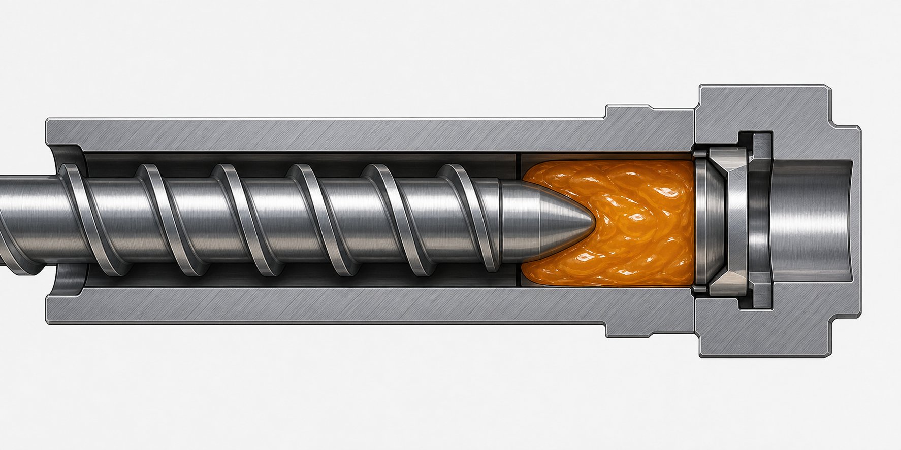 cross section view of a check ring assembly in closed position inside an injection molding barrel sealing against the rear seat during injection