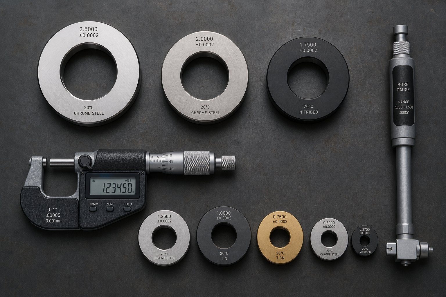 multiple check rings in different sizes and material grades displayed alongside precision measurement tools for dimensional matching