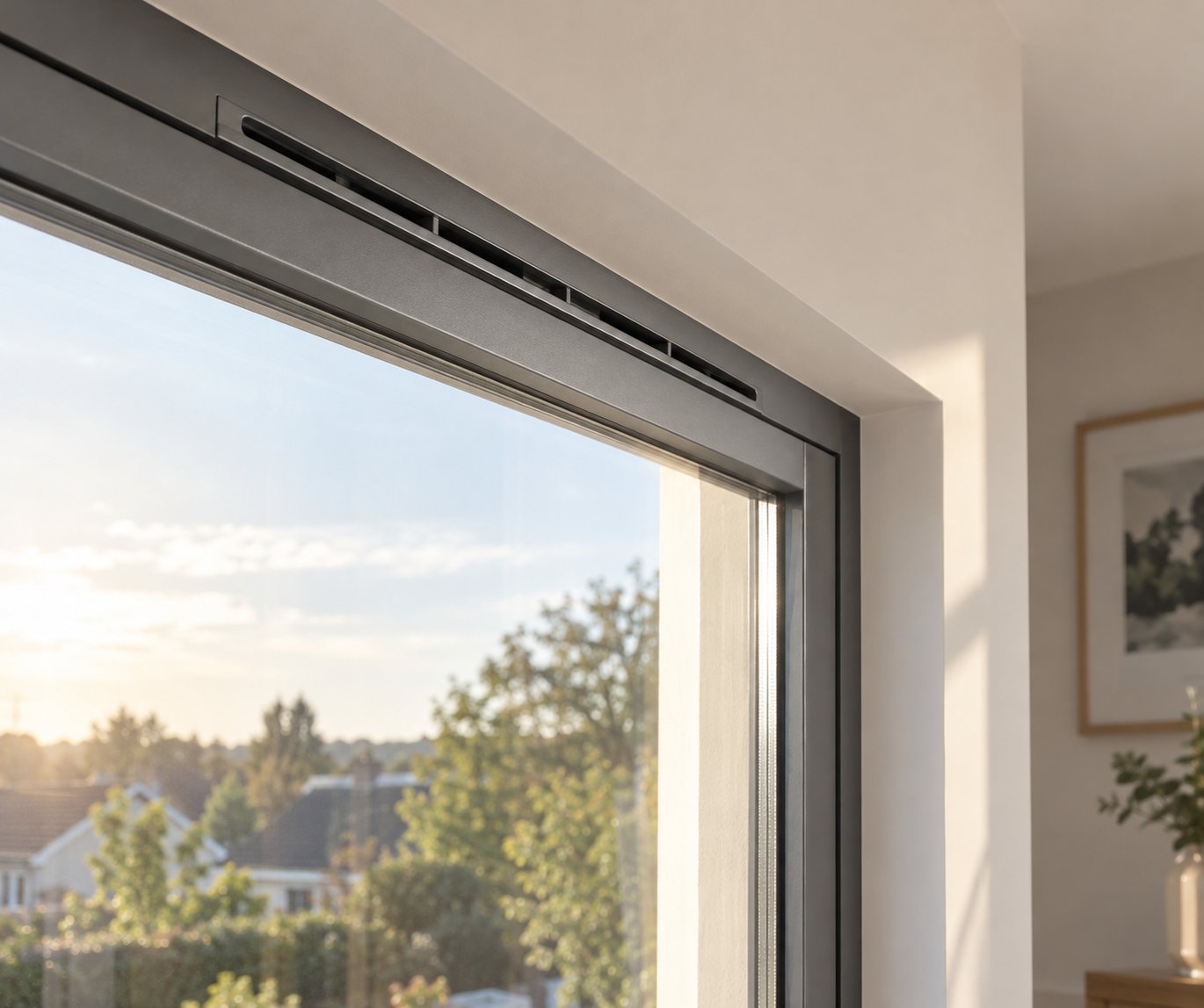 a frame integrated trickle vent installed along the window head rail providing continuous passive background ventilation