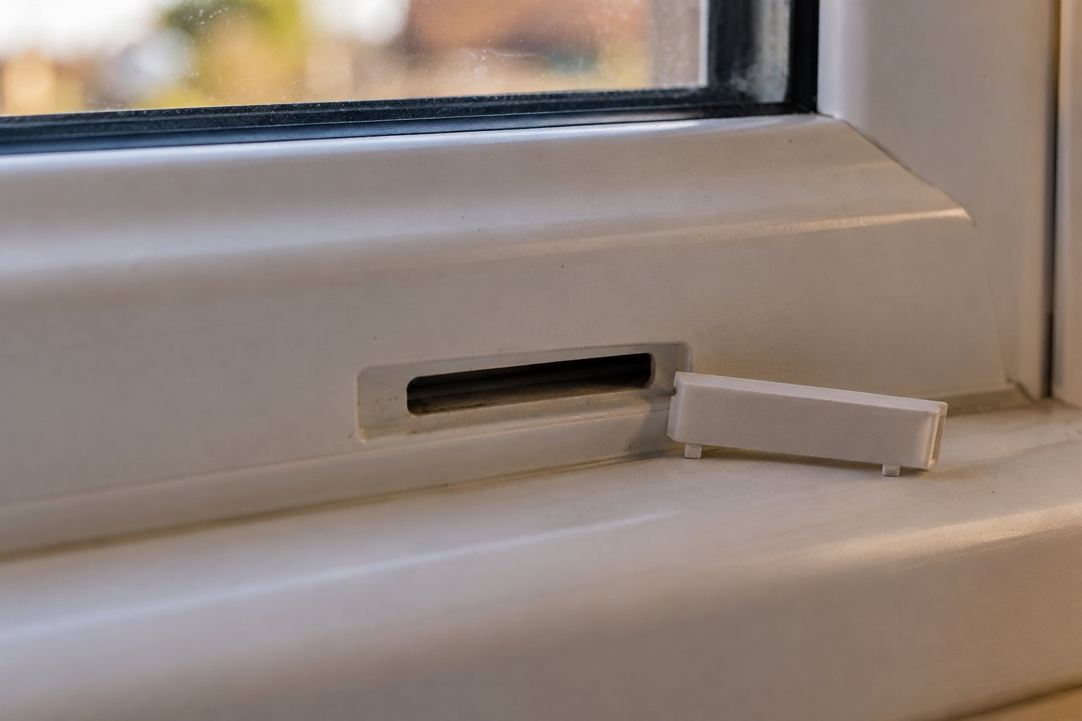 a weep hole cap lifted on a upvc window frame revealing the hidden drainage channel that can harbour mould