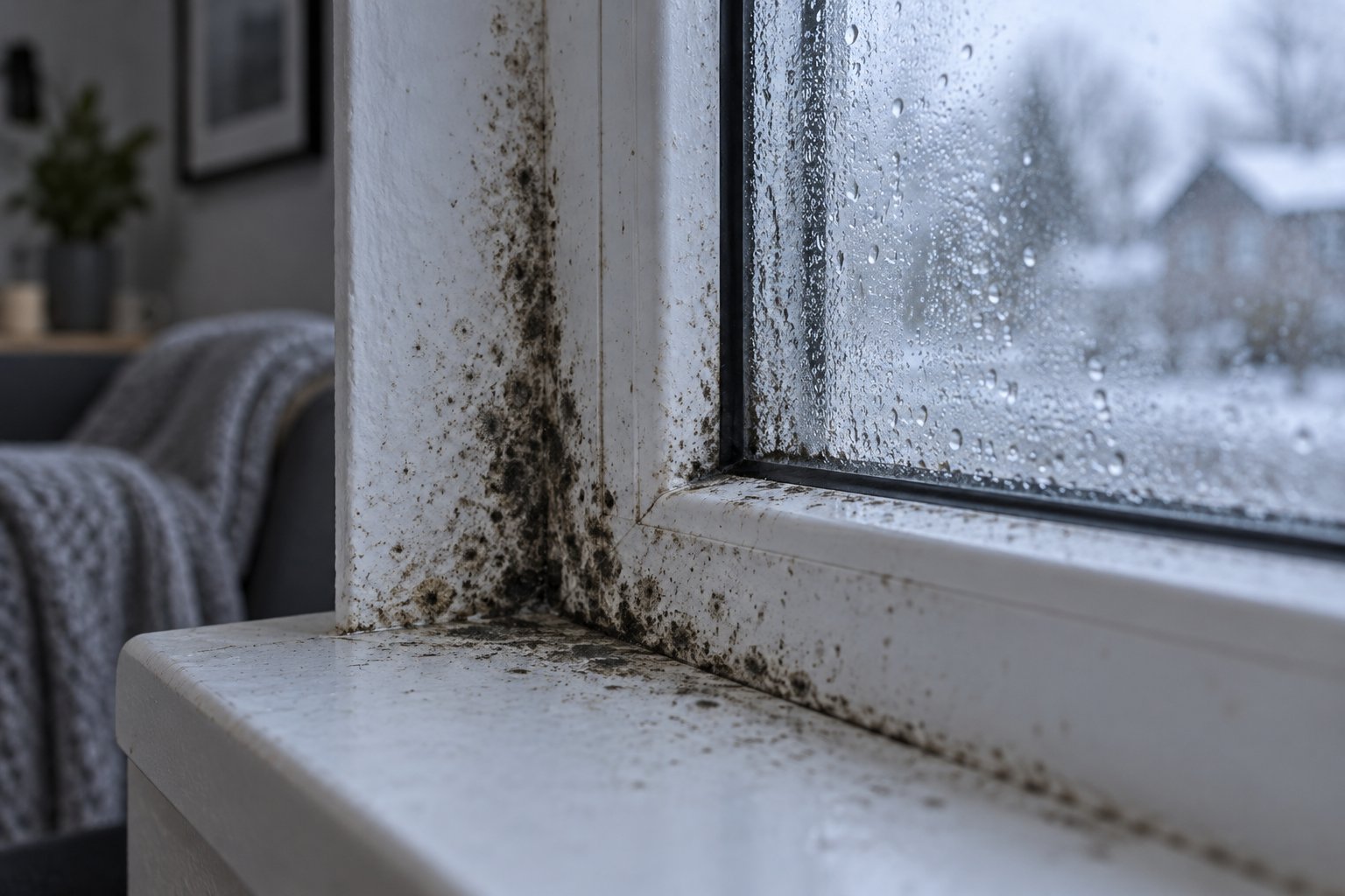 dark mould growth along a window frame sill caused by persistent condensation during colder months