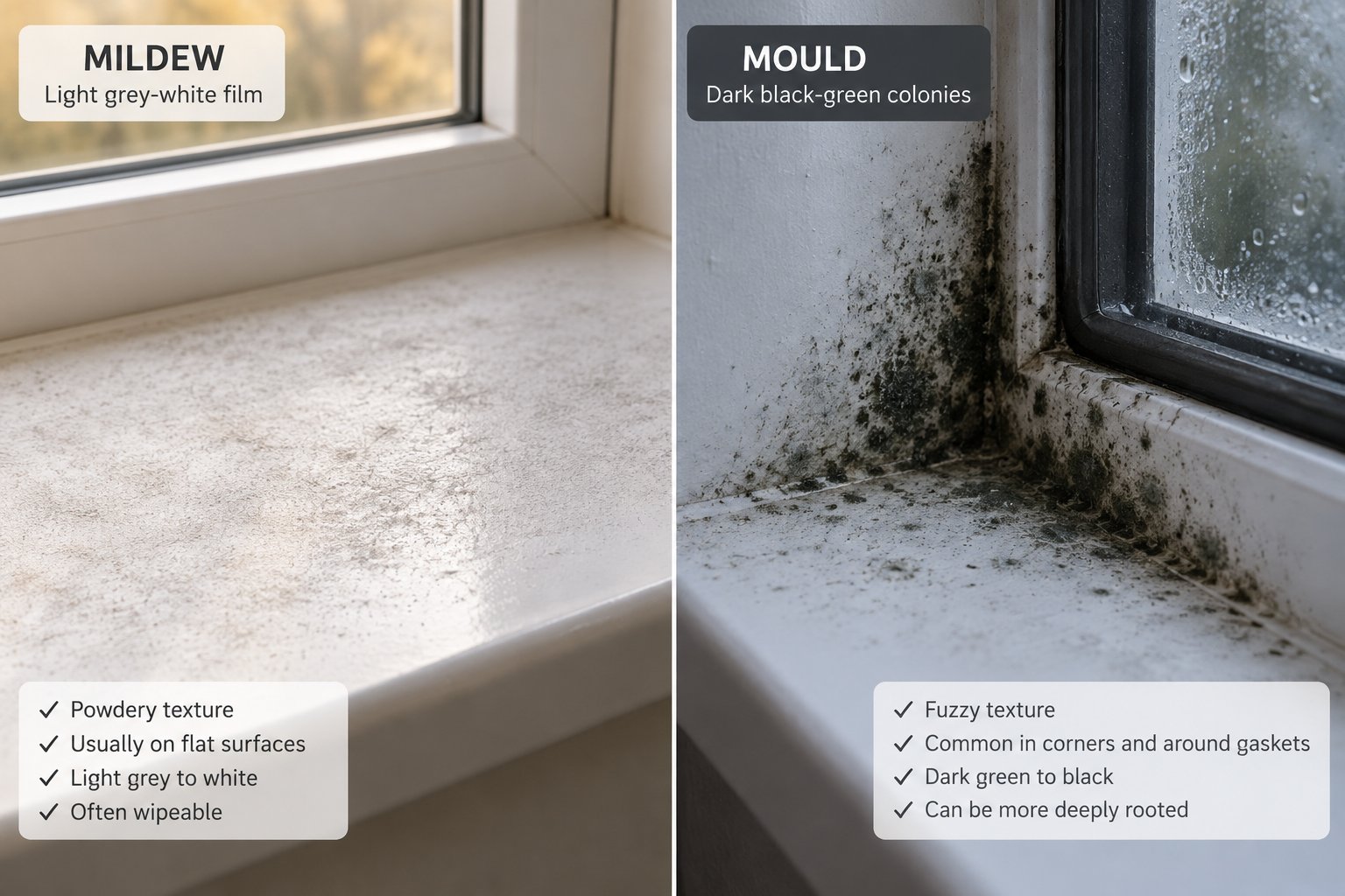 side by side comparison of powdery surface mildew versus darker embedded mould on a window sill