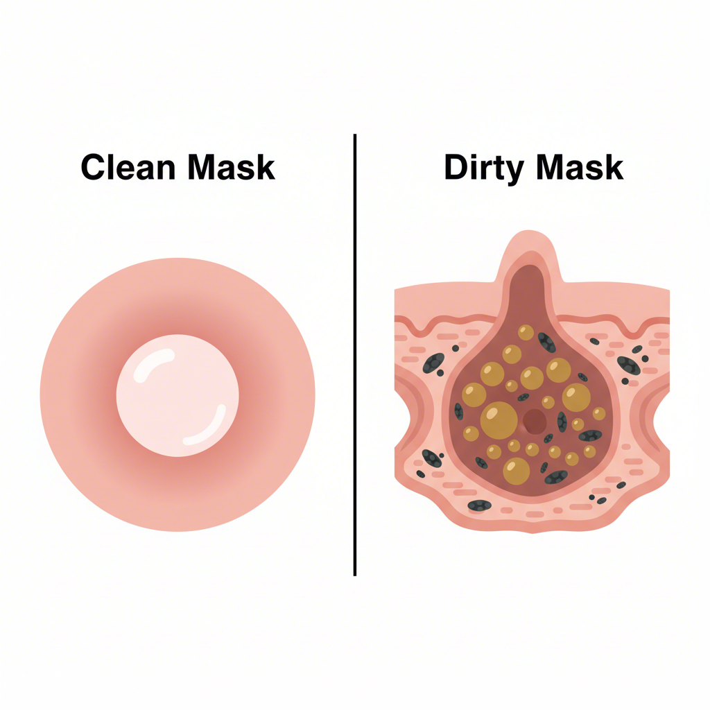a diagram illustrating how a dirty sleep mask can clog skin pores
