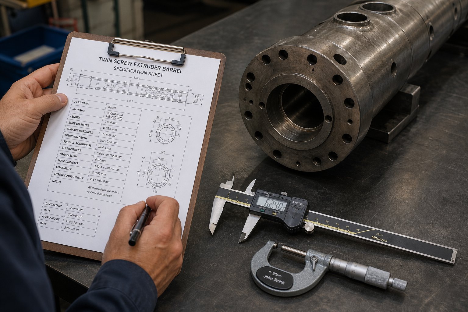 engineer reviewing twin screw extruder specification sheet with precision measurement tools for component evaluation