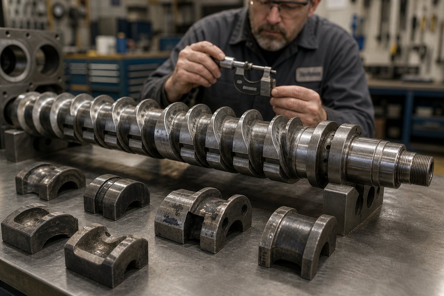 maintenance inspection of worn twin screw extruder screw elements with precision measurement for wear assessment and replacement planning