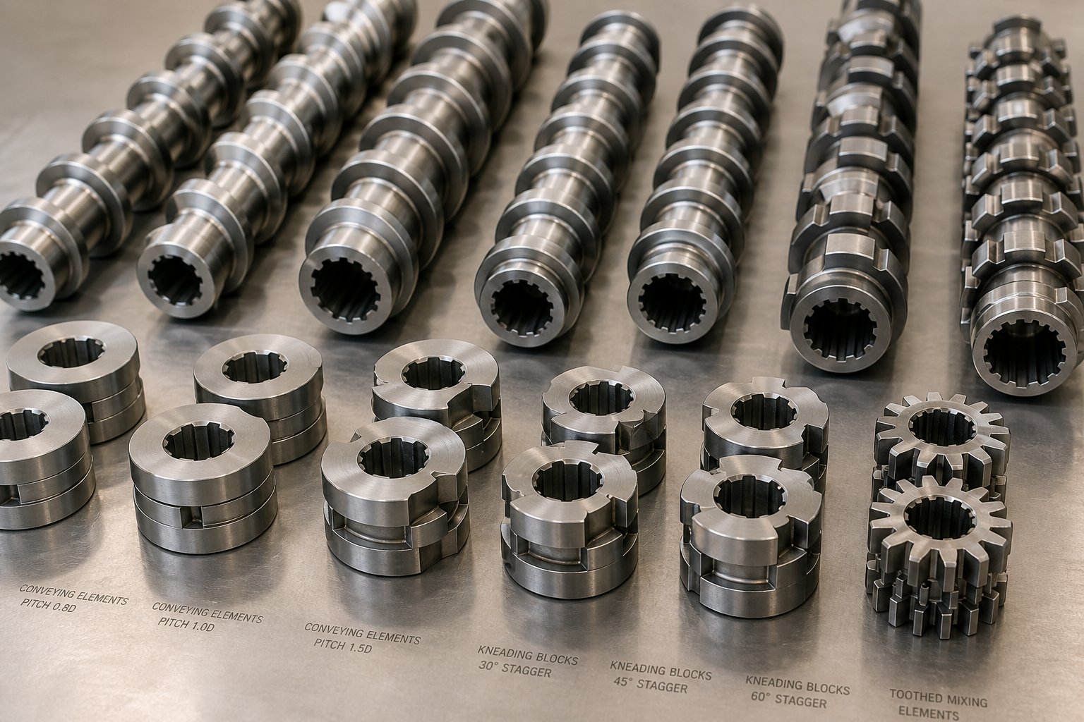 modular screw elements for twin screw extruders including conveying elements kneading blocks and specialized mixing elements