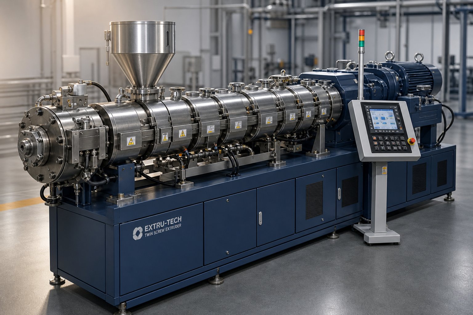 twin screw extruder machine showing modular barrel segments and drive system used in polymer compounding and processing lines