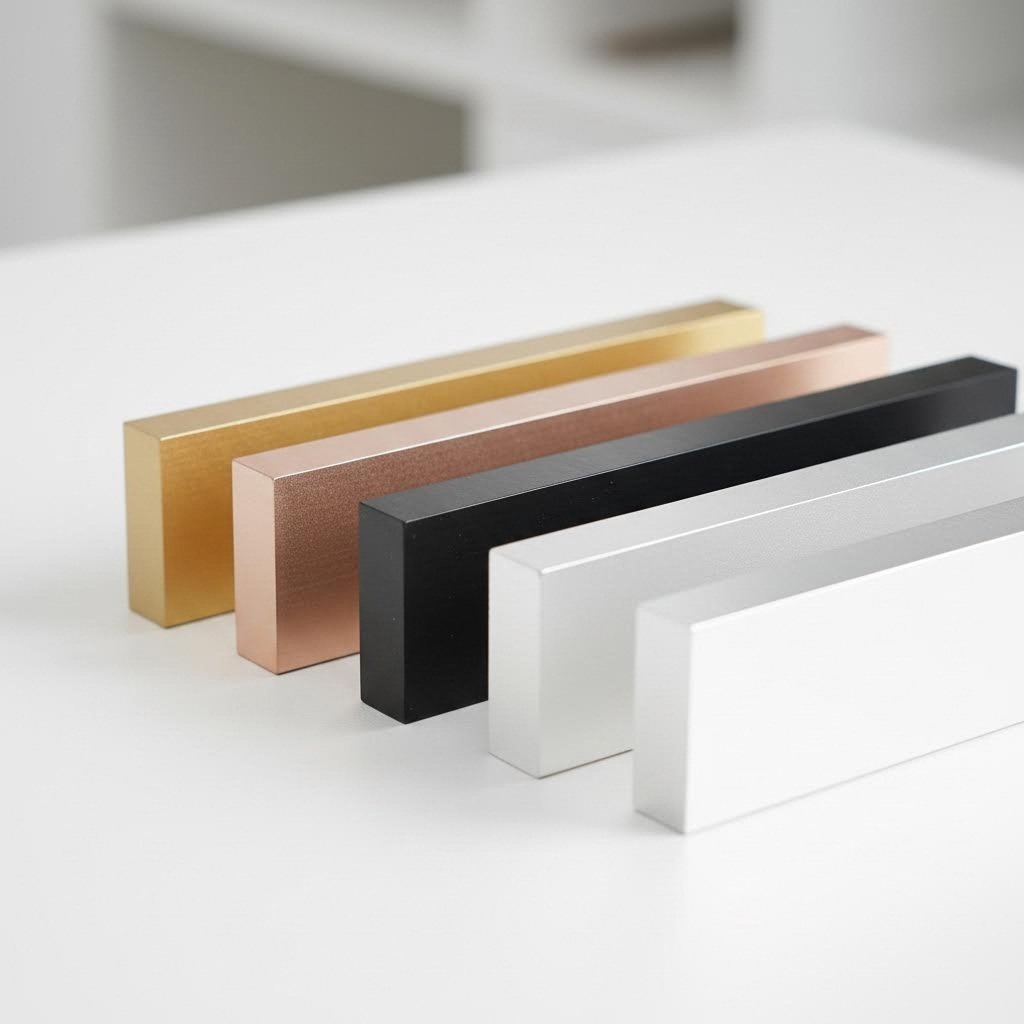 anodized 6063 aluminum samples displaying custom color options including champagne and rose gold finishes