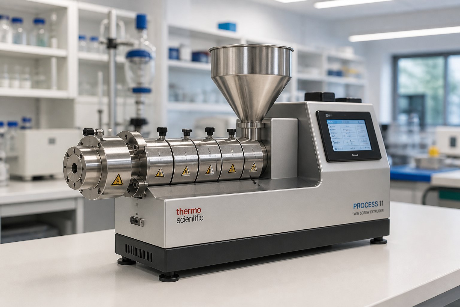 a benchtop twin screw extruder configured for r&d formulation screening in a laboratory setting
