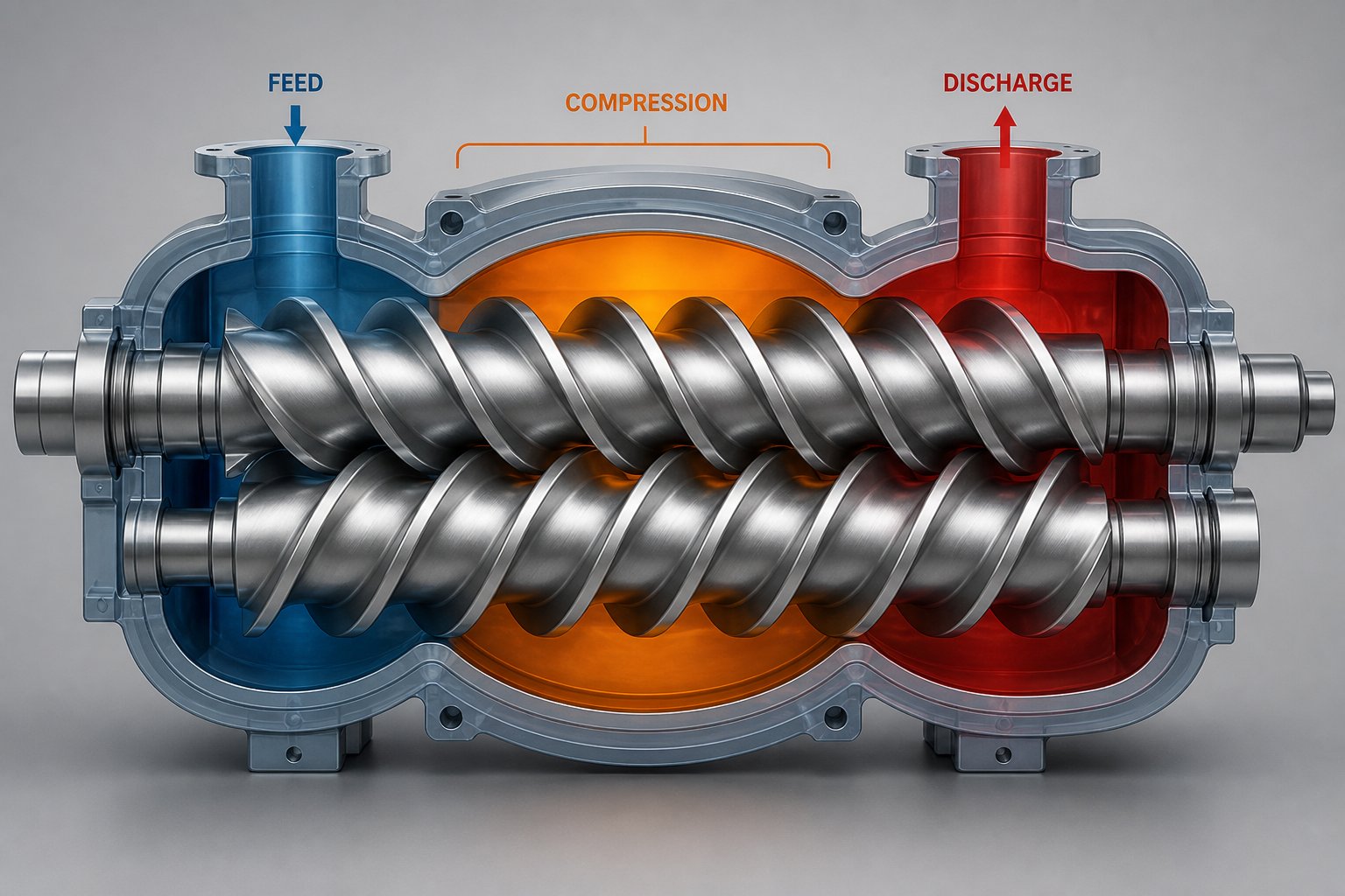 co rotating intermeshing twin screws inside a segmented barrel showing functional processing zones