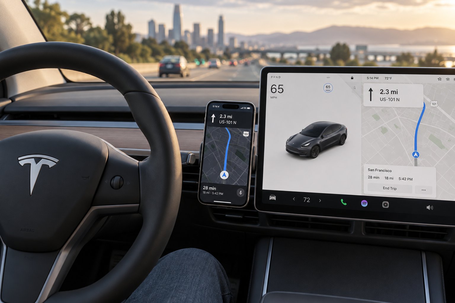 a phone mount positioned below the tesla touchscreen keeps navigation visible without blocking any vehicle controls