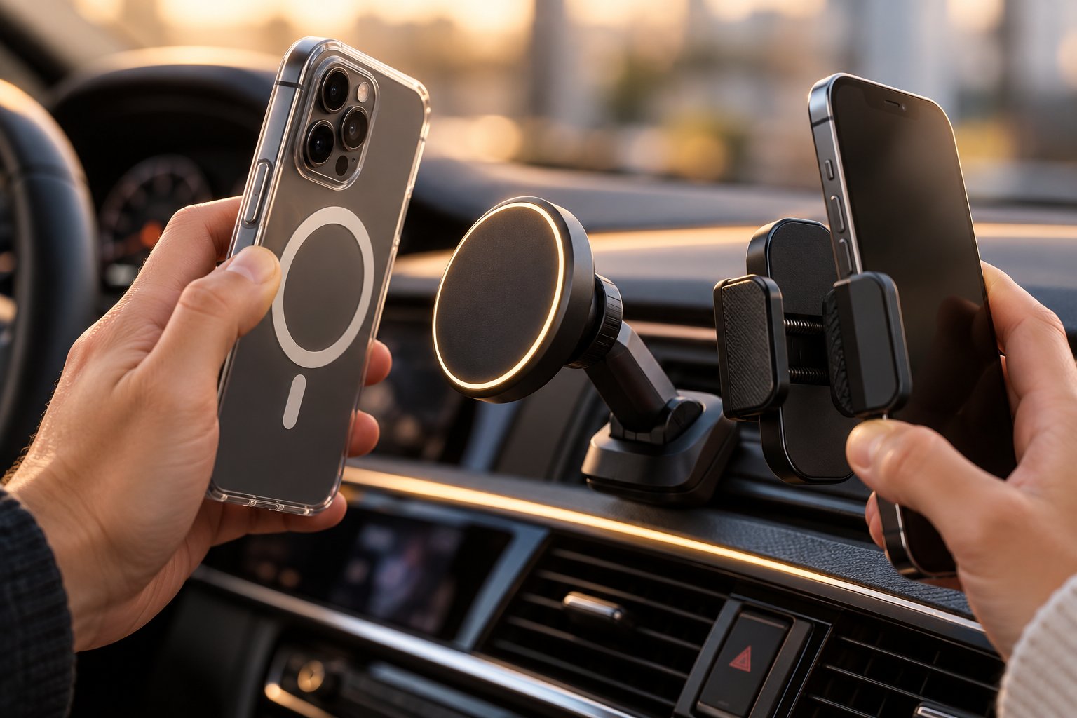 magnetic mounts offer one hand docking for magsafe and qi2 phones while clamp mounts work with any device