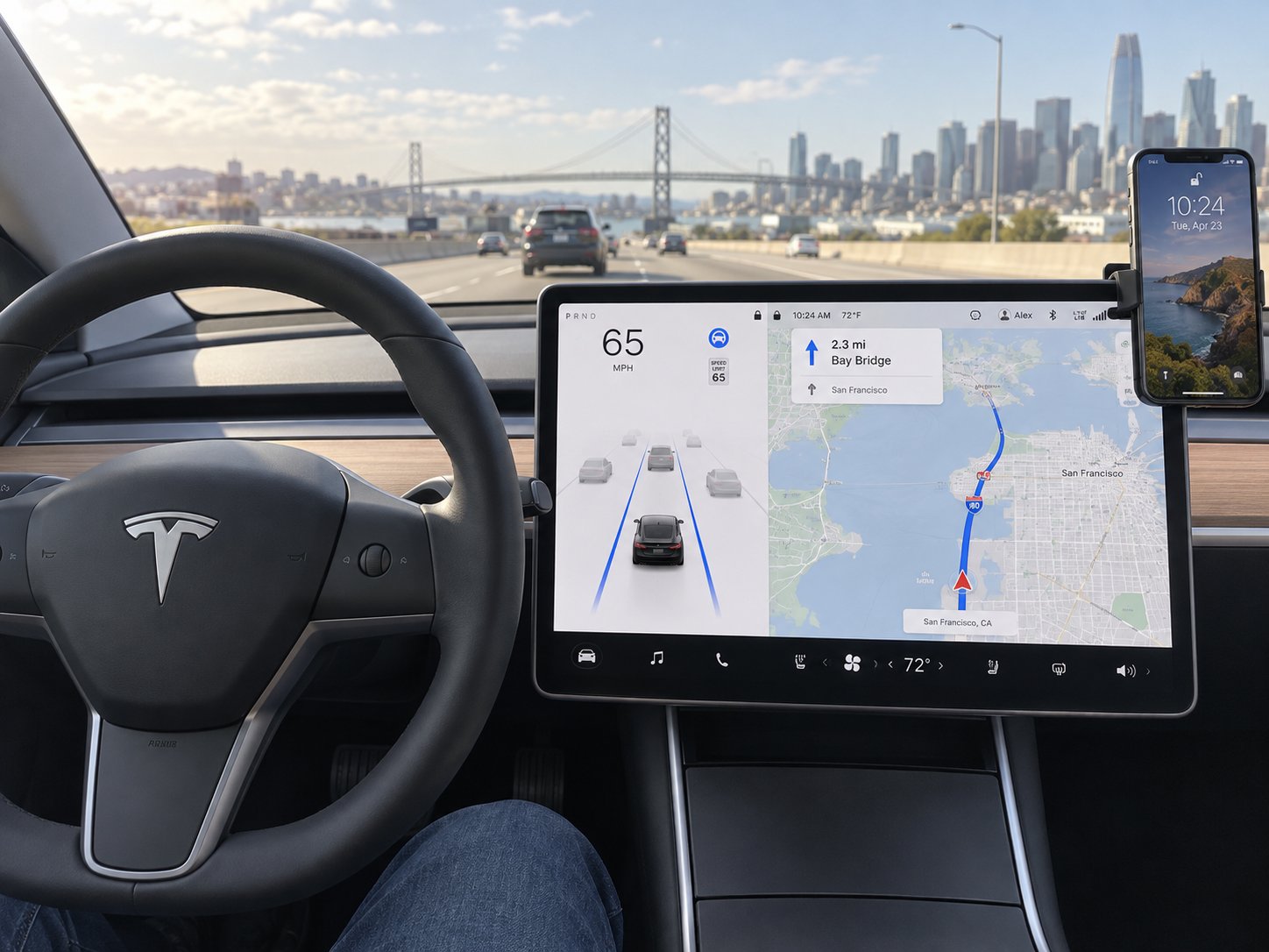 mounting a phone at the upper right screen edge preserves access to critical tesla touchscreen controls
