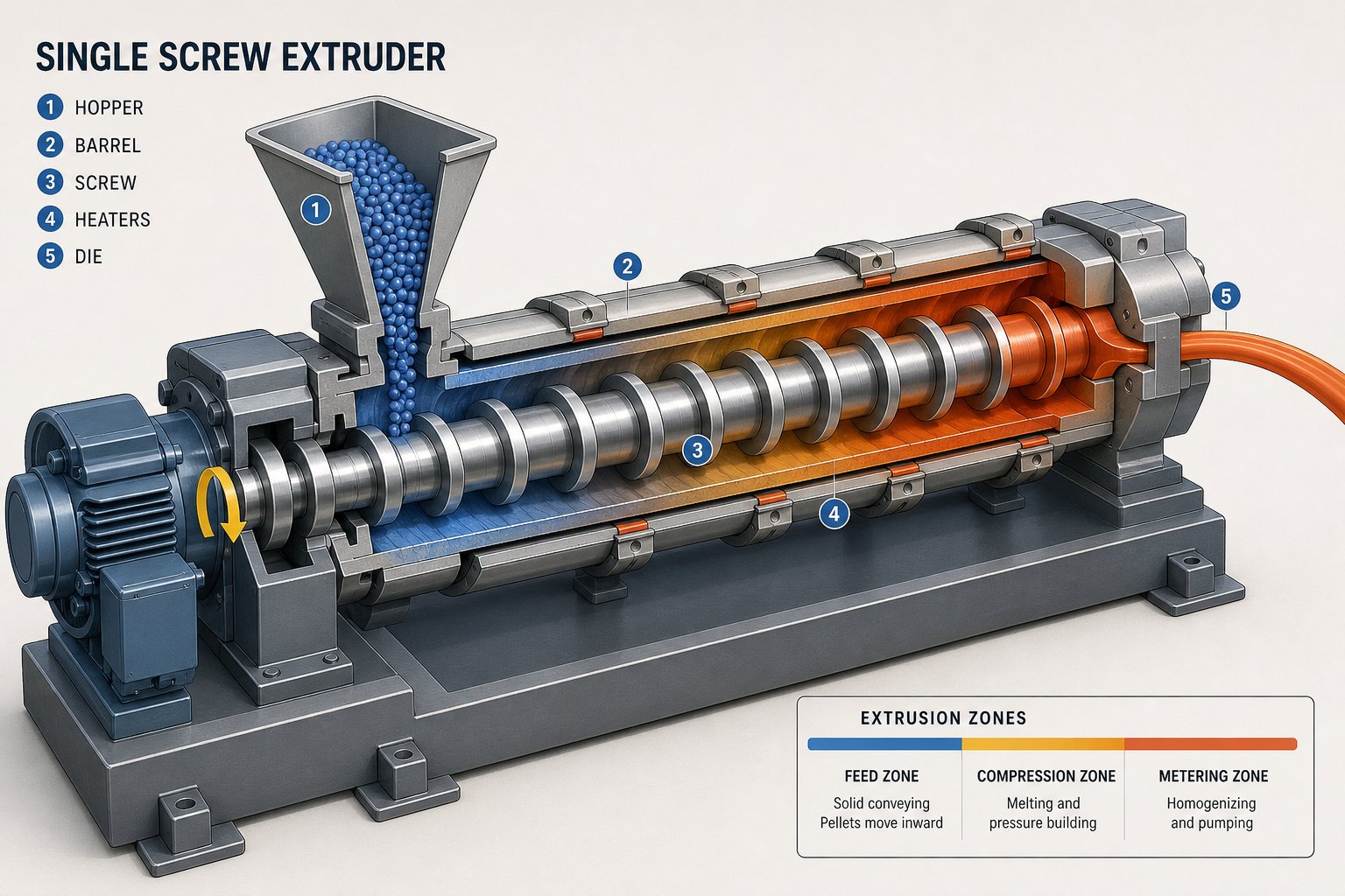 a single screw extruder uses three functional zones feed compression and metering to melt and pump pre compounded resin
