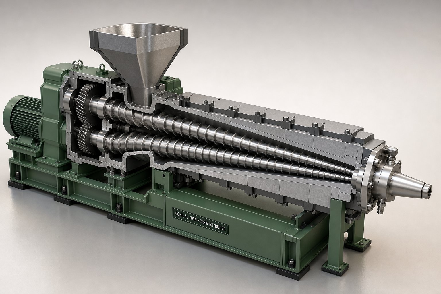 conical twin screw extruders taper from a large feed opening to a narrow discharge creating natural compression ideal for pvc dry blend processing
