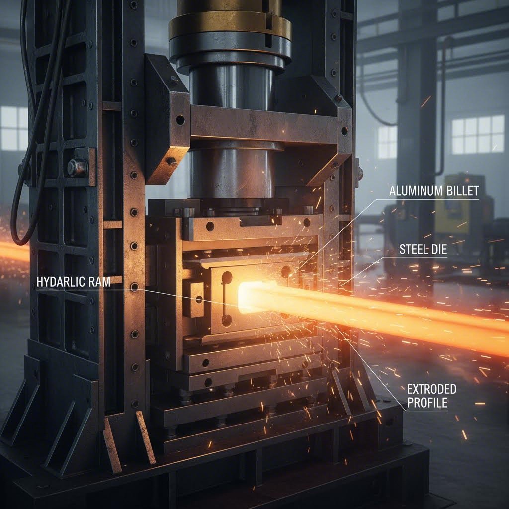 aluminum billet forced through precision die during the extrusion manufacturing process