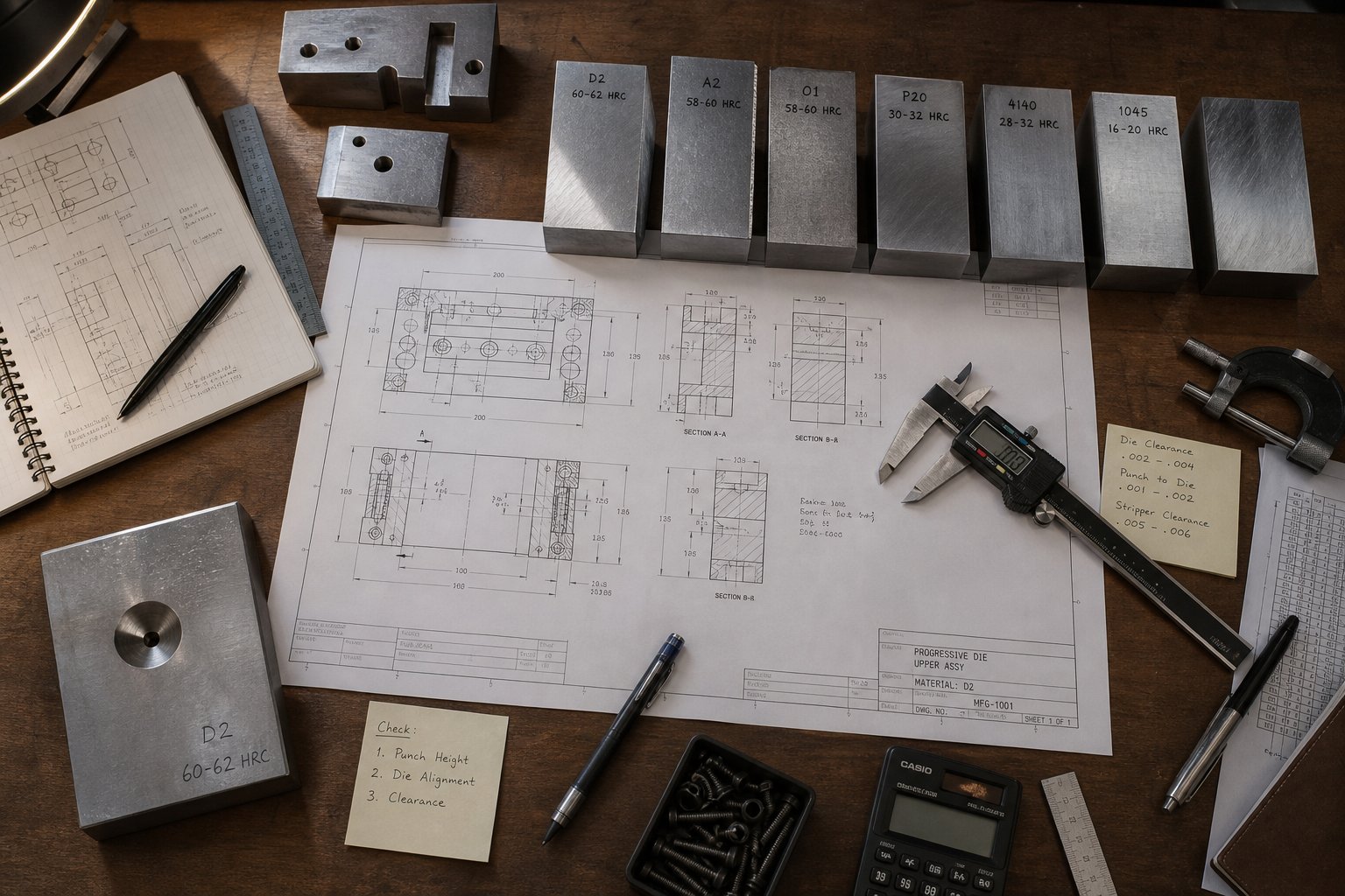 info-1-1 engineering workspace for die material evaluation combining technical specifications with physical material samples