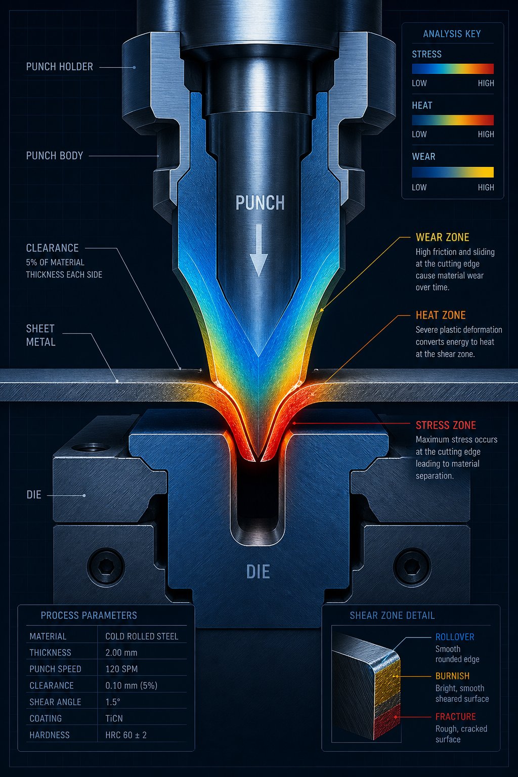 info-1-1 stress and wear zones at the die cutting edge where material properties determine tool life