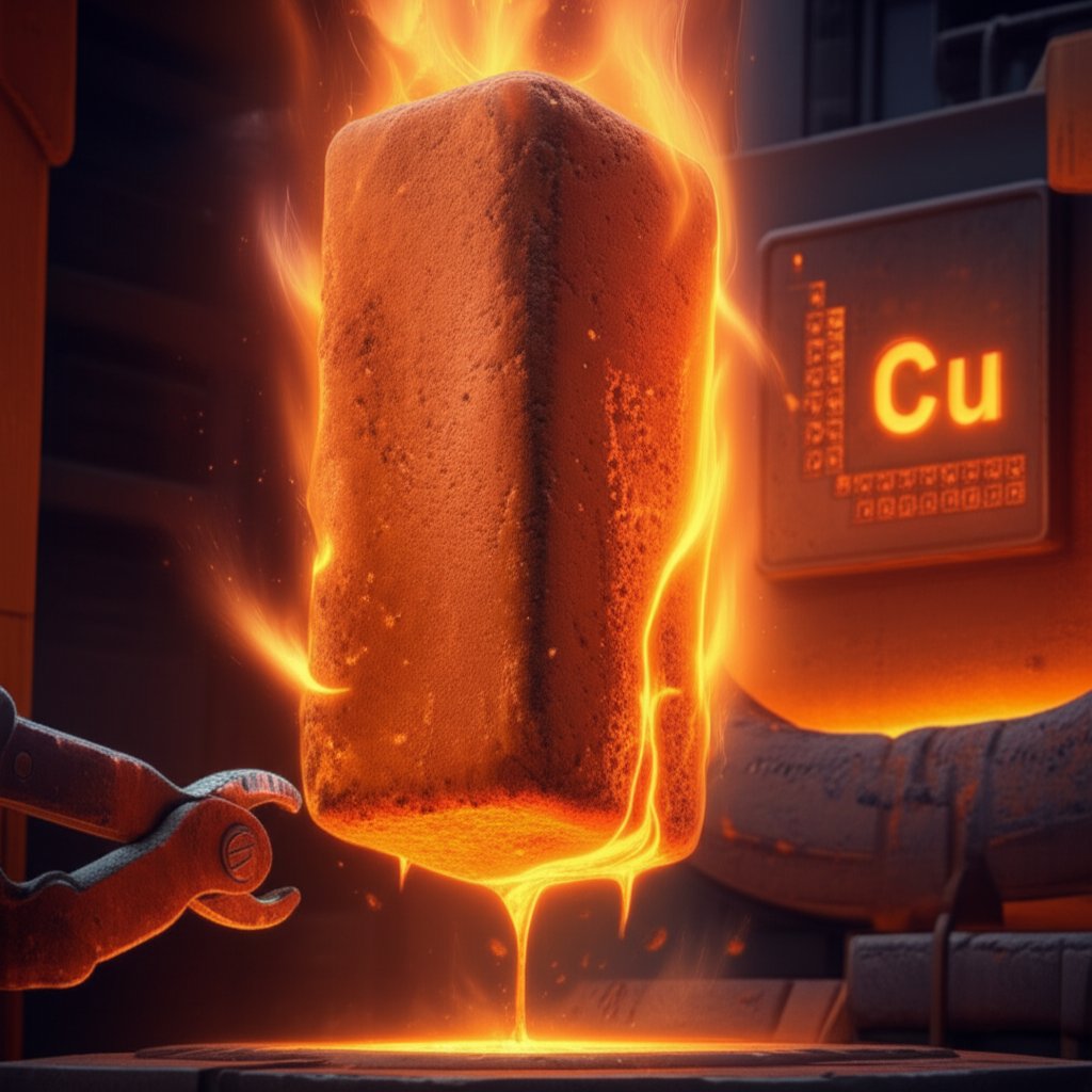 copper melting in a furnace highlighting its transition from solid to liquid at high temperature