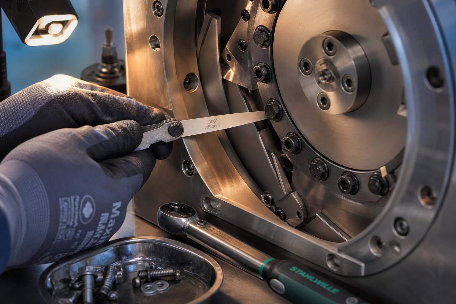 measuring pelletizer blade to bed knife gap clearance with a feeler gauge during installation