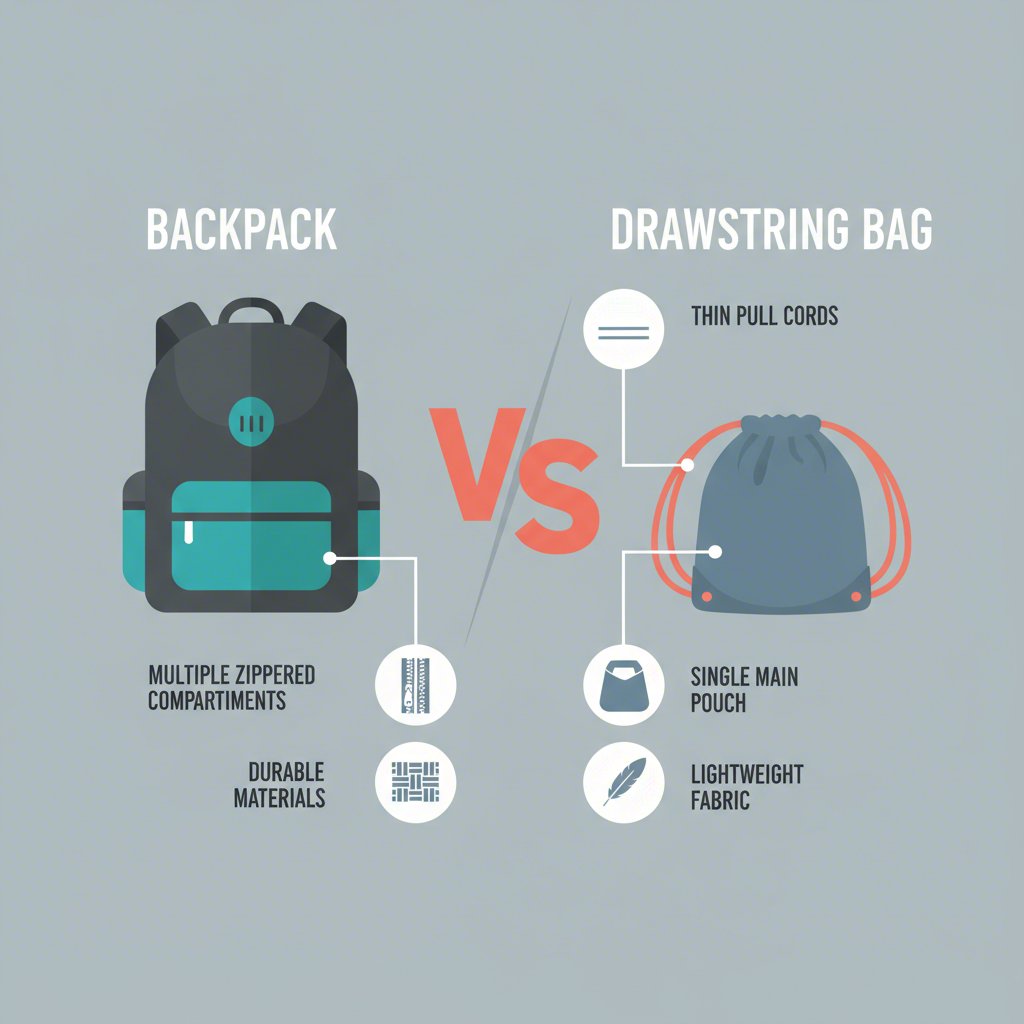 infographic showing the design differences between a backpack and a drawstring bag