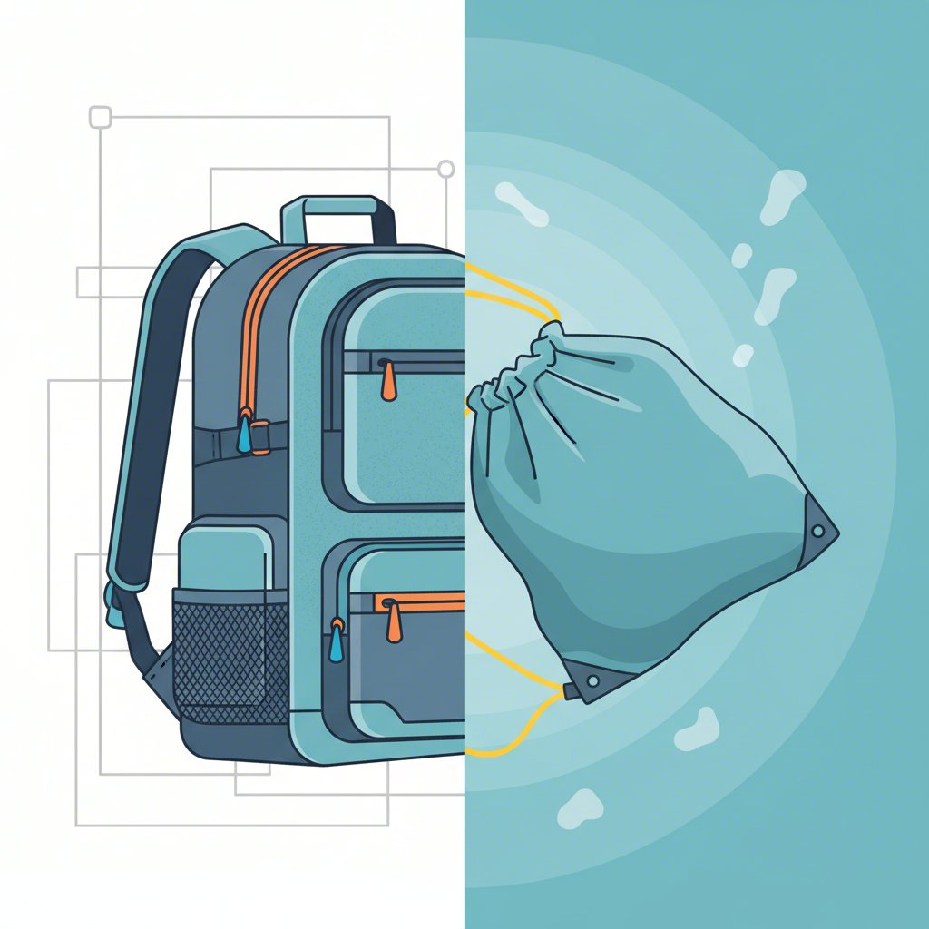 stylized comparison of a structured backpack and a simple drawstring bag