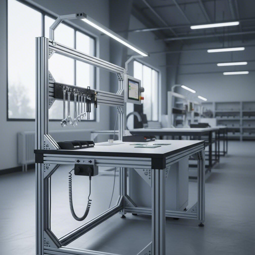 t slotted aluminum workstation in an industrial manufacturing setting