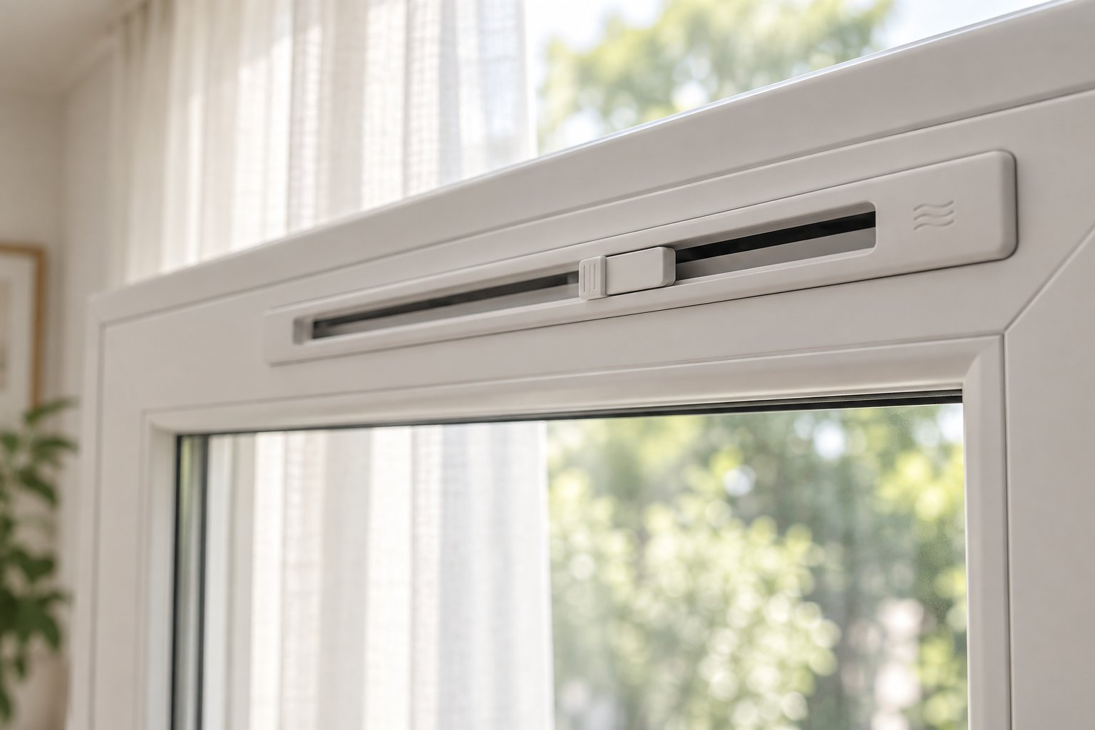 a trickle vent installed in the head rail of a modern window frame providing continuous background ventilation while the window stays closed