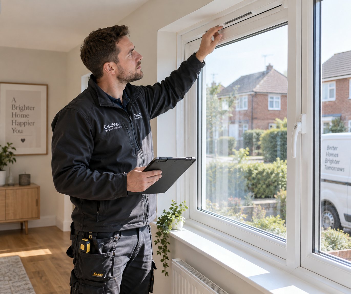 a window installer checking trickle vent compliance during a replacement window fitting in a residential property