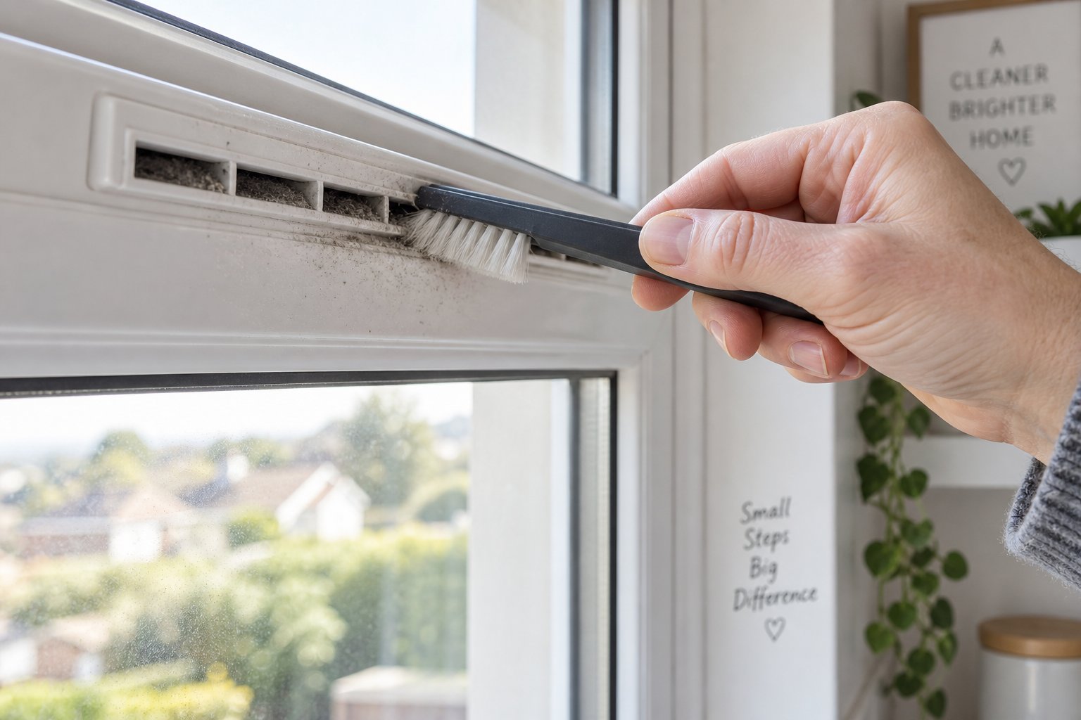 routine cleaning of a window trickle vent using a soft brush to prevent blockages and maintain proper airflow