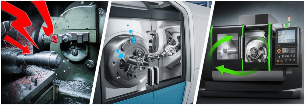 diagram comparing workflow of a turn mill center versus separate machines