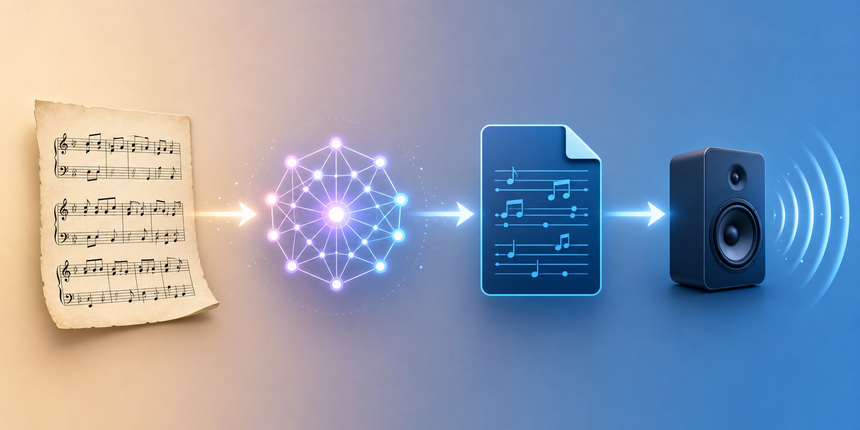 the four stage pipeline from paper sheet music to audible playback through ai recognition
