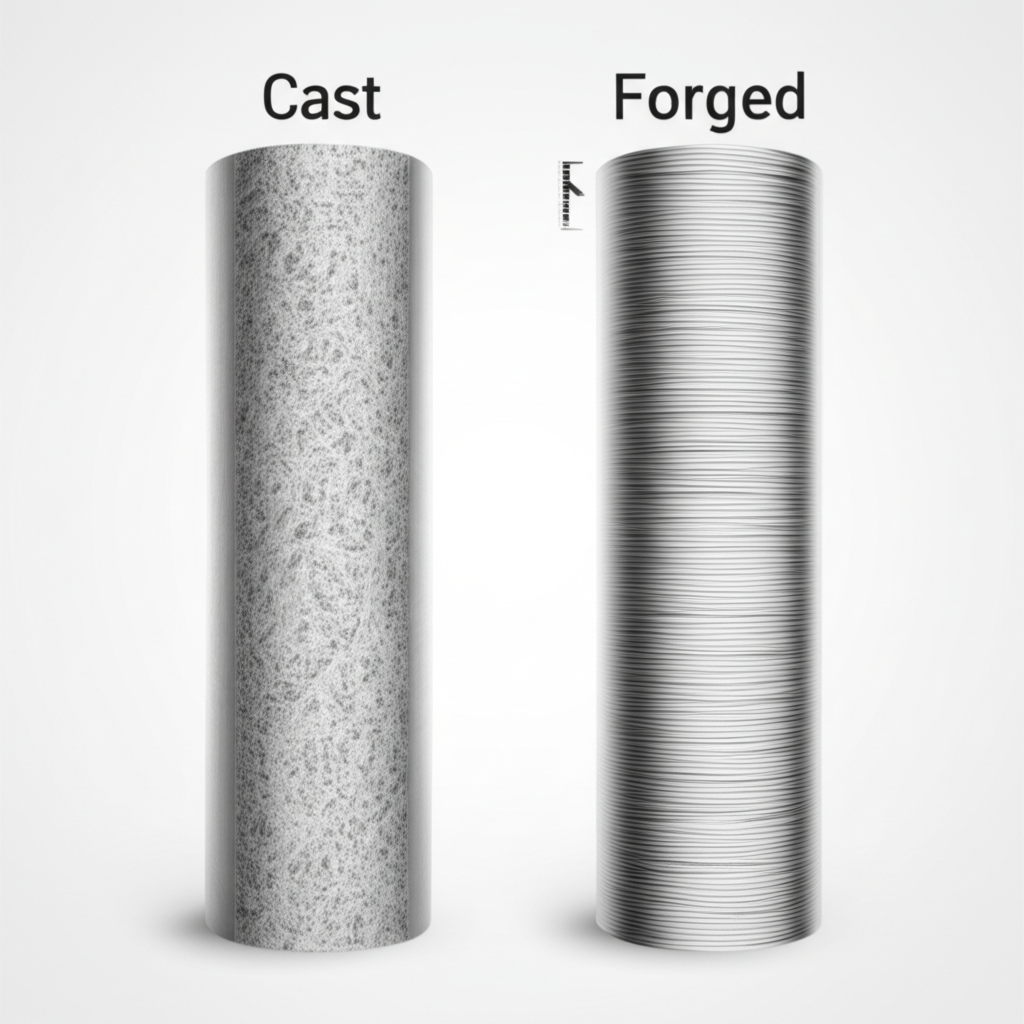 diagram illustrating the difference in grain structure between cast and forged metal components