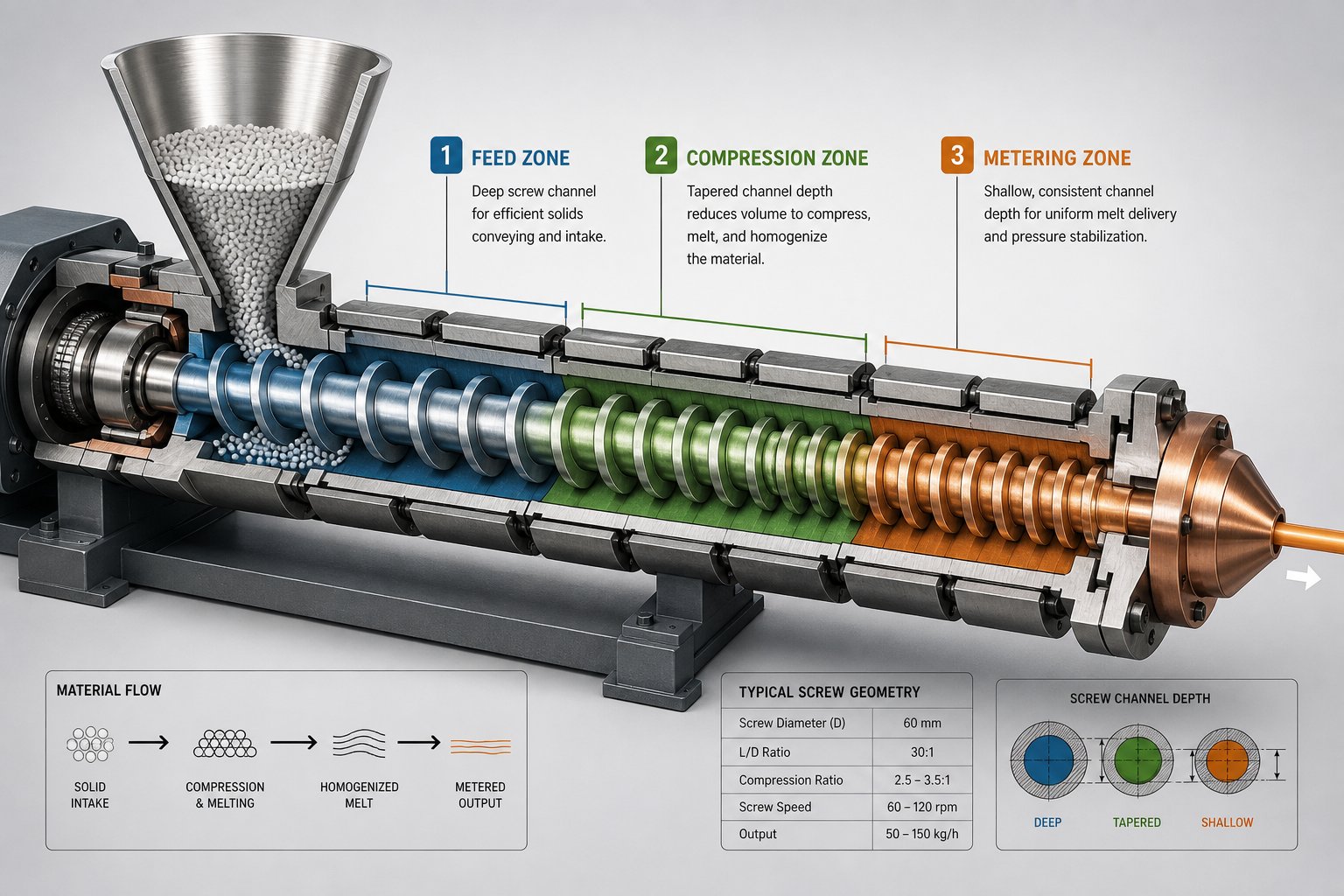 cutaway view of a single screw extruder showing feed compression and metering zones