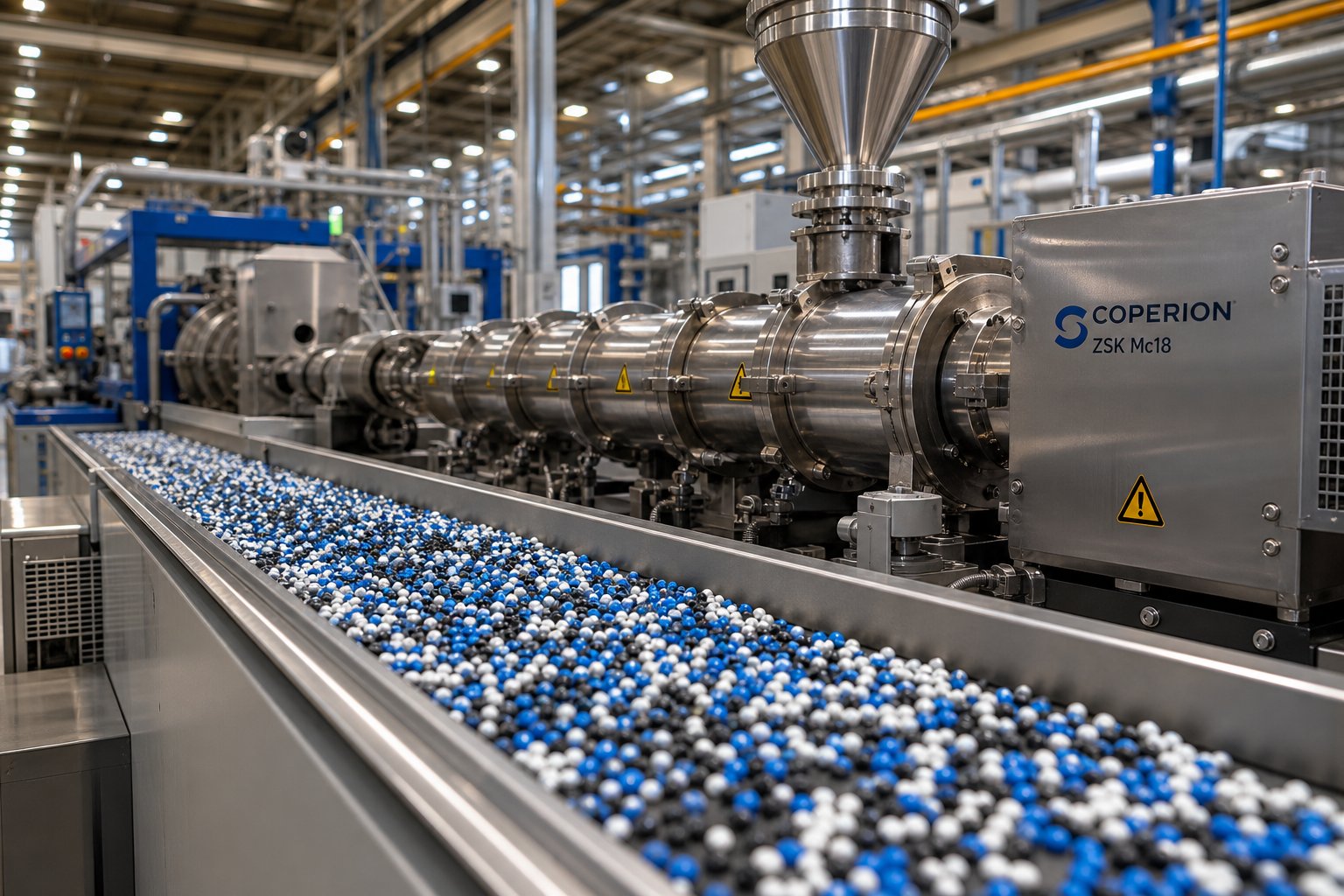 polymer compounding line with extruder and pelletizing equipment in an industrial facility