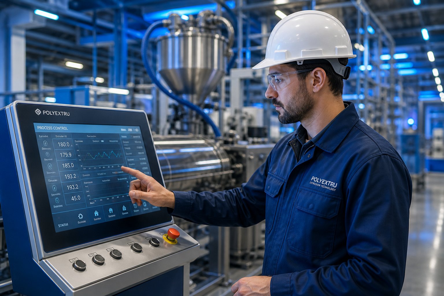 process engineer evaluating extruder parameters for optimal equipment selection