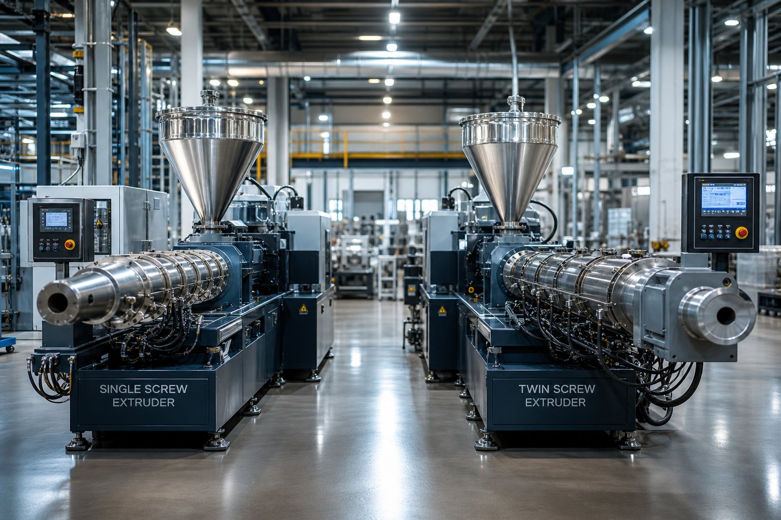 single screw extruder and twin screw extruder side by side in a polymer processing facility