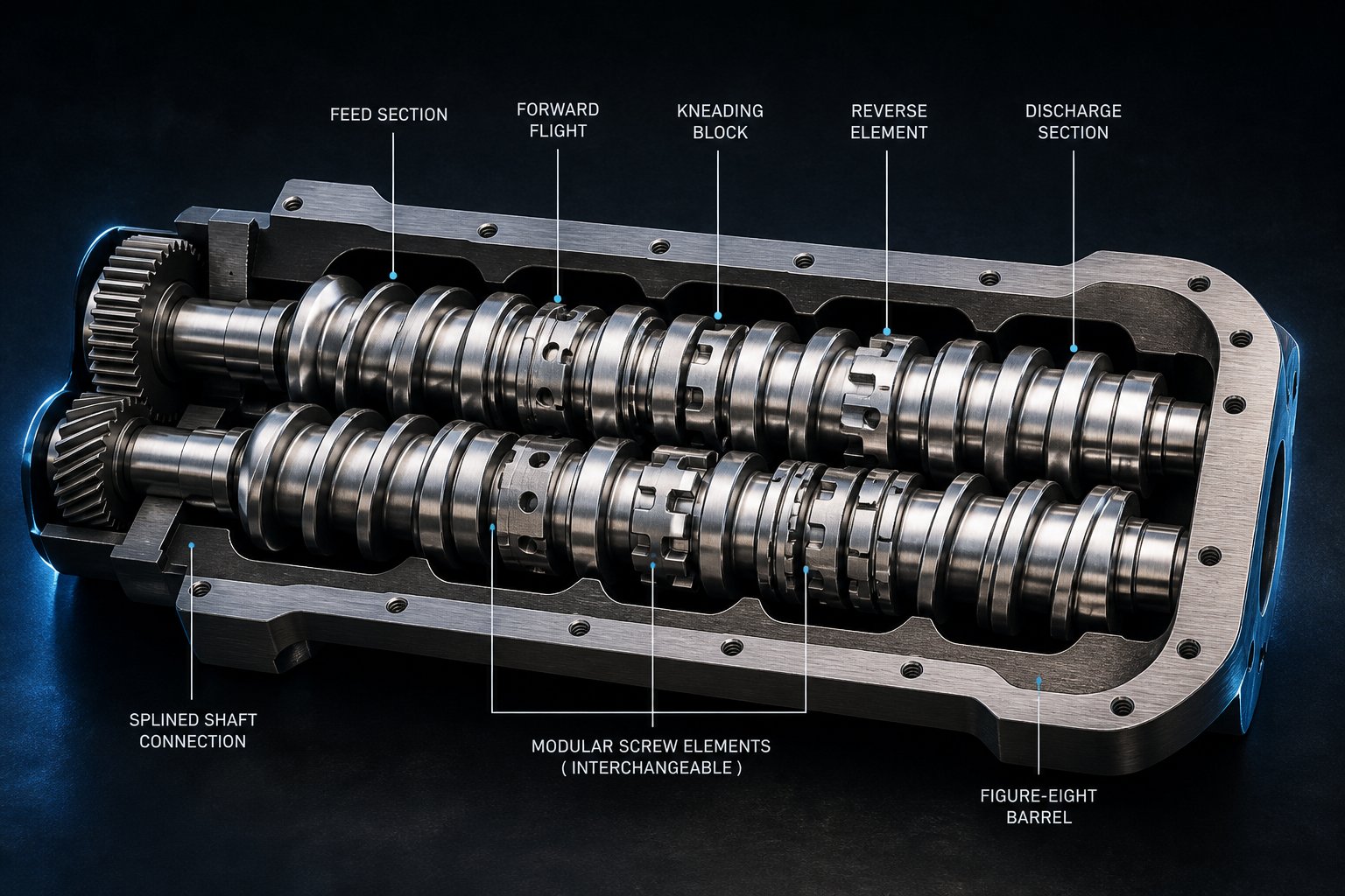 twin screw extruder with modular kneading blocks and conveying elements on intermeshing shafts