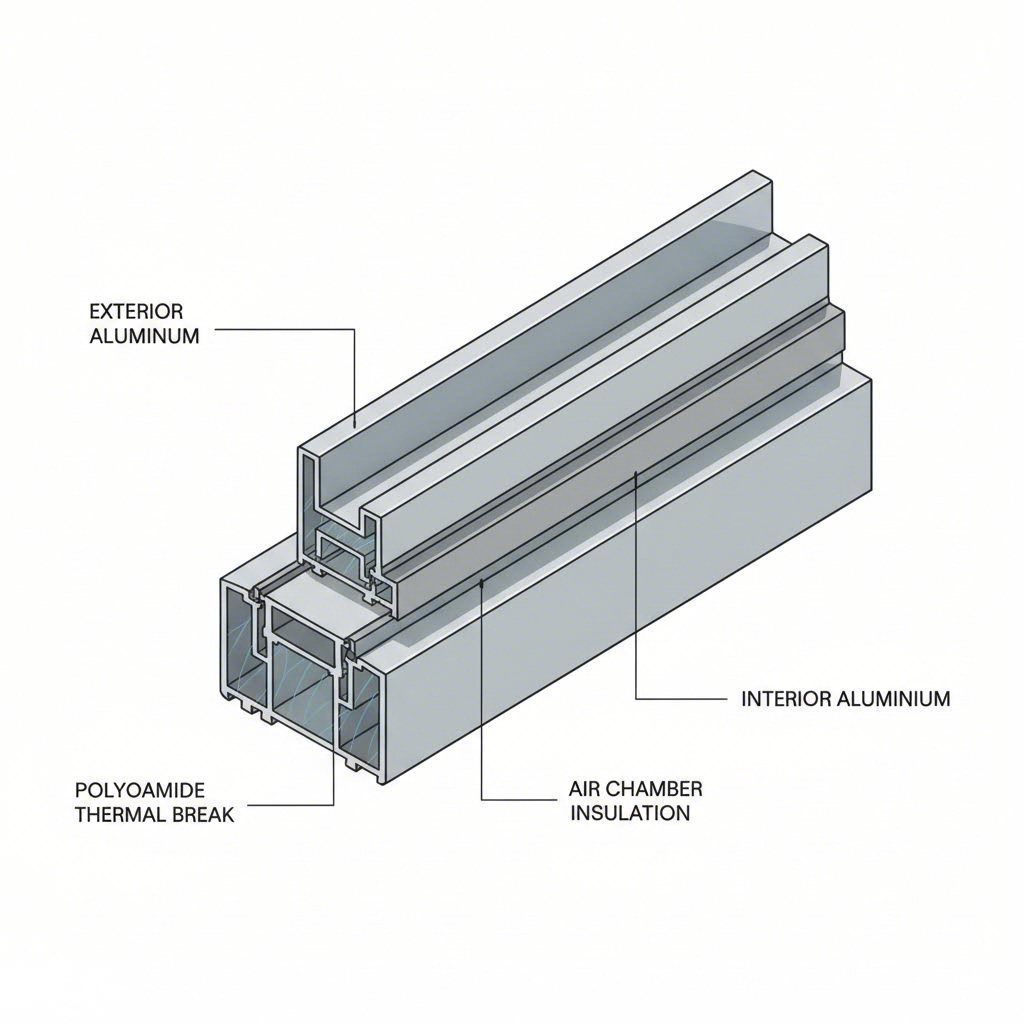 thermal break technology uses polyamide barriers to separate interior and exterior aluminum sections