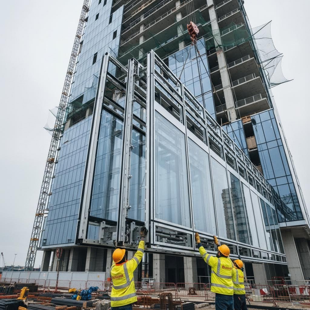 unitized curtain wall panels arrive factory assembled for rapid on site installation