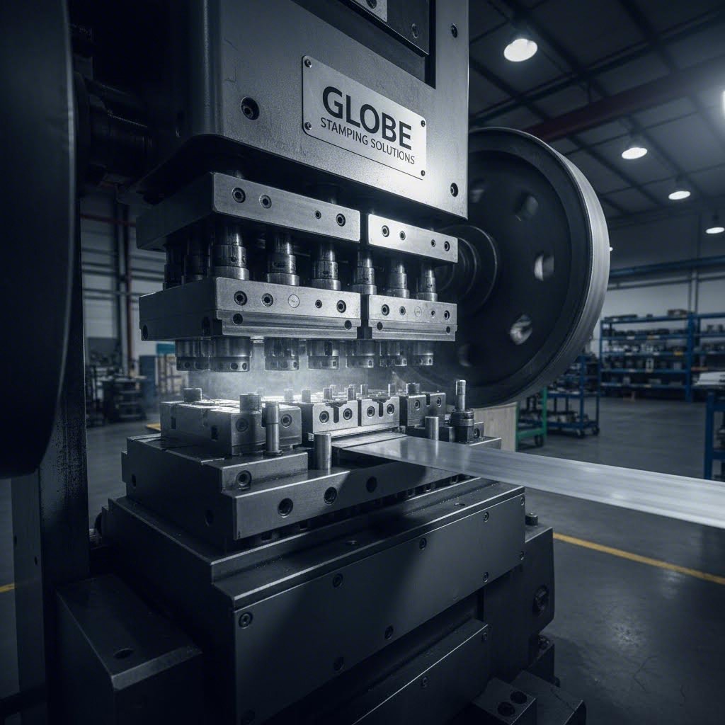 progressive die stamping press transforming sheet metal into precision components