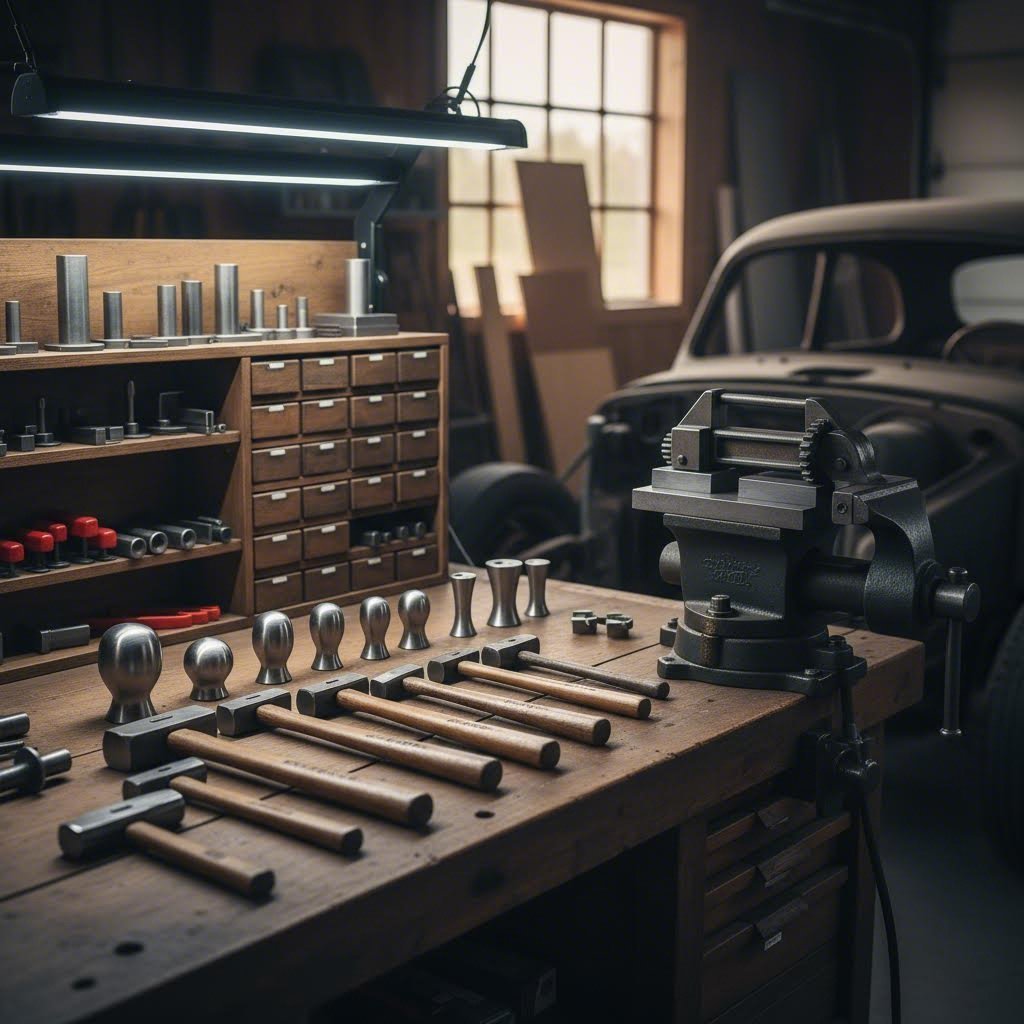 essential sheet metal shaping tools arranged from beginner hammers to intermediate equipment