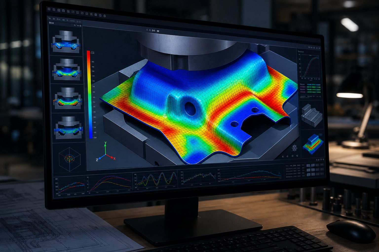 info-1-1 fea simulation showing stress distribution during progressive die forming analysis