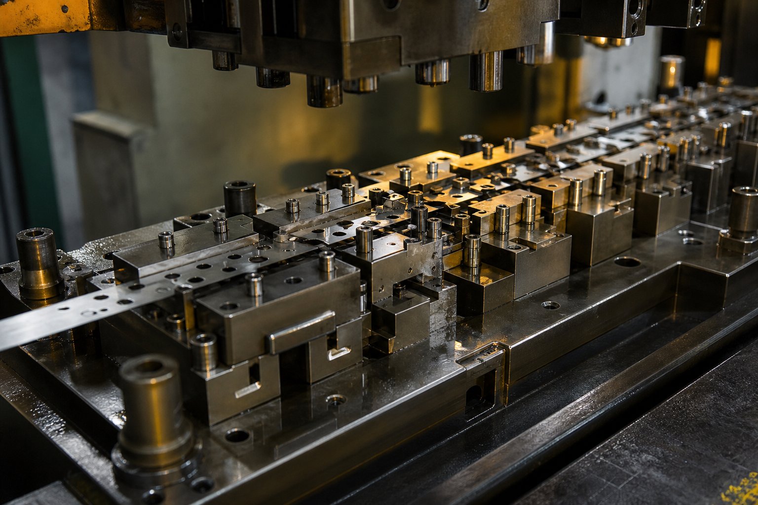 info-1-1 multi station progressive stamping die showing sequential forming operations from strip entry to finished part separation