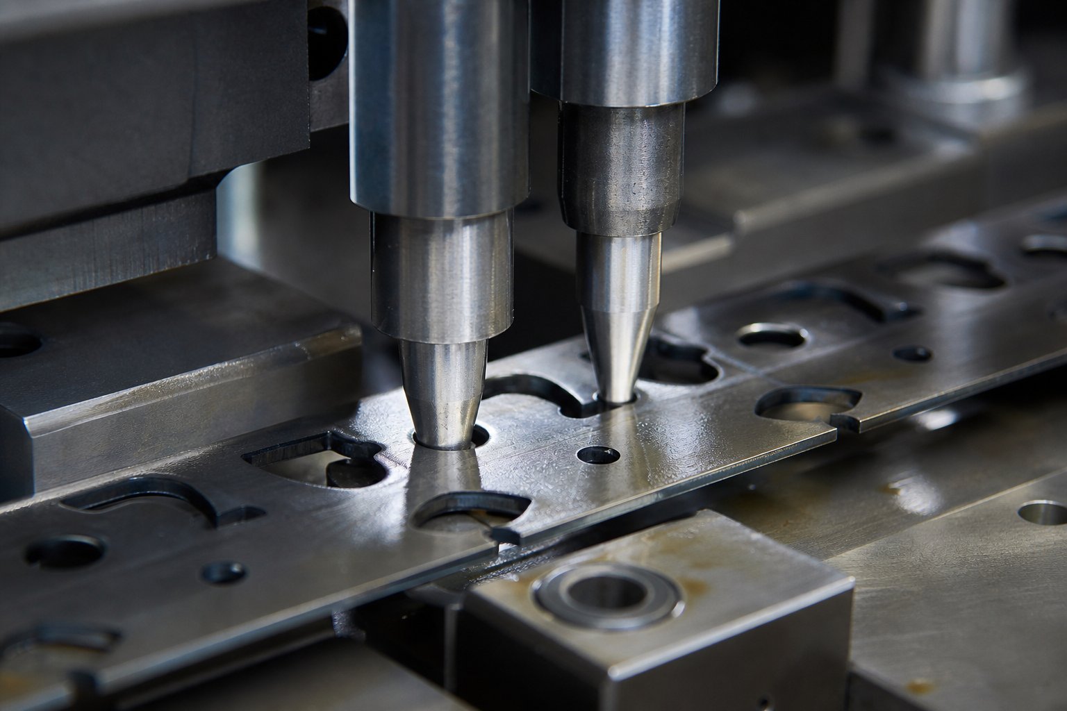info-1-1 pilot pins engaging registration holes to control positional accuracy across progressive die stations