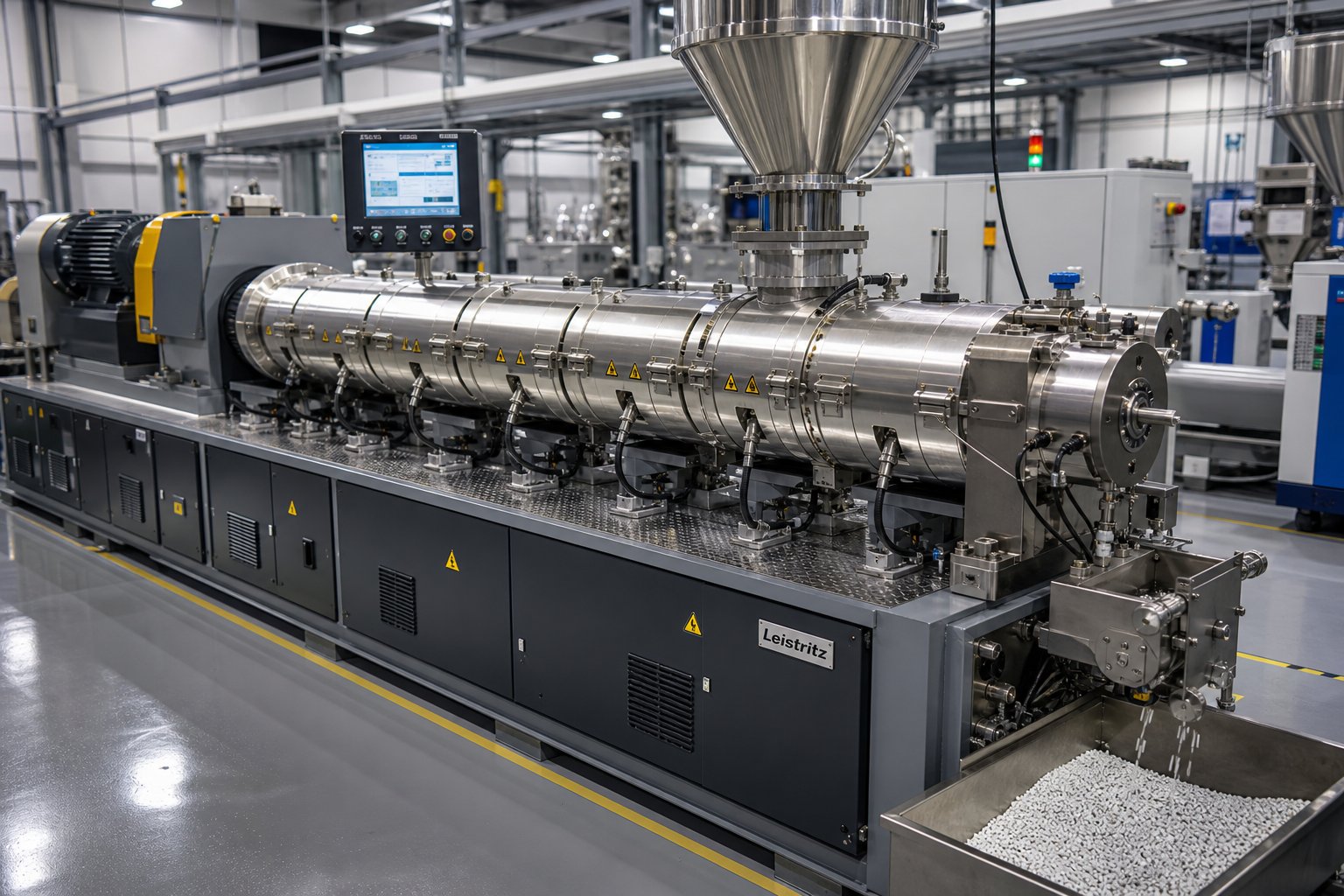 a co rotating twin screw extruder configured for masterbatch production on a modern compounding line